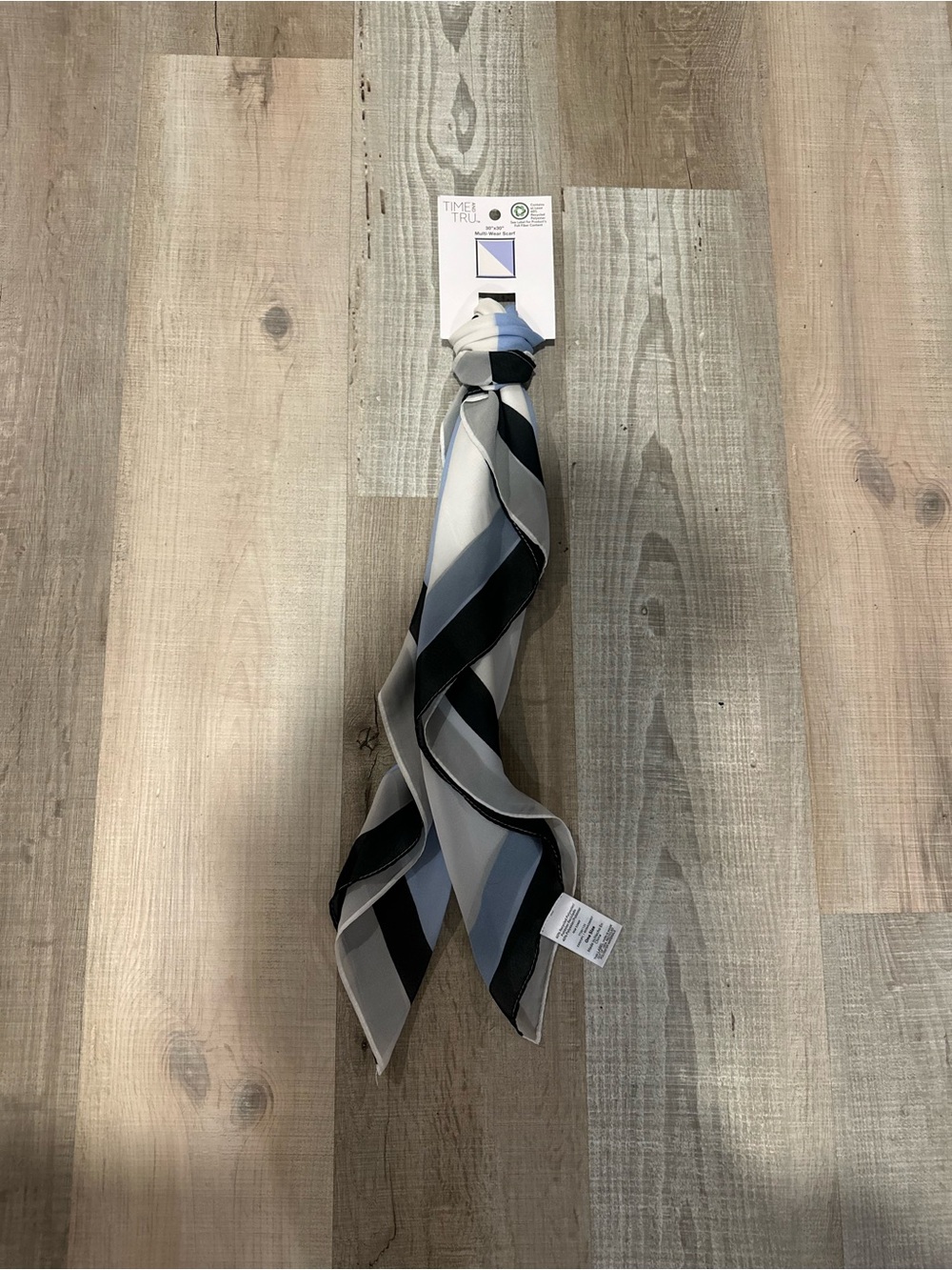 Time and Tru Striped Pocket Square Scarf in Blue, Gray & Black